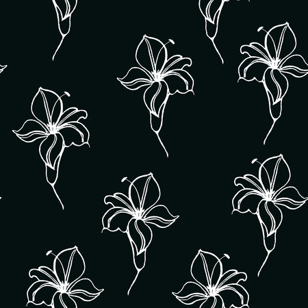 Watercolor flowers hand drawing seamless pattern with Chinese line art Illustration of isolated lilies on black
のイラスト素材