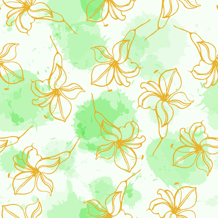 Flowers hand drawing seamless pattern with Chinese line art Illustration of isolated lilies on imitation of watercolor splash background
のイラスト素材
