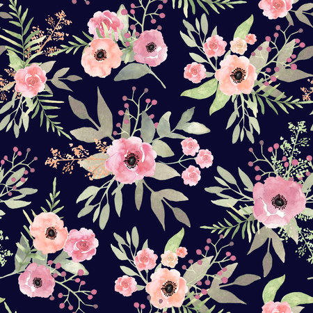 Watercolor floral seamless pattern with isolated hand drawn flowの写真素材