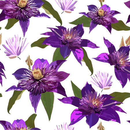 Clematis purple flowers and leaves. Seamless vector patern withのイラスト素材