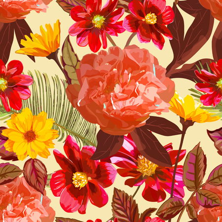 Seamless pattern with yellow chrysanthemums and red peonies flowのイラスト素材