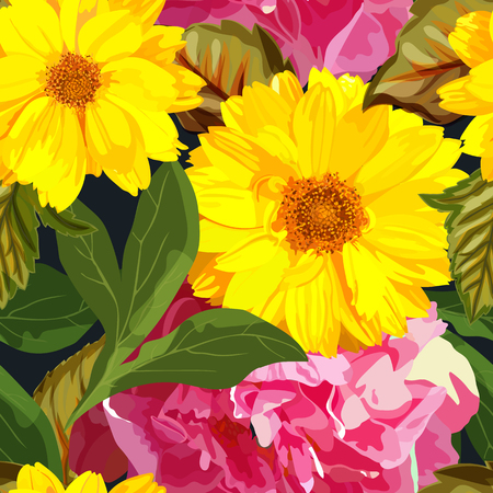 Seamless pattern with yellow chrysanthemums and red peonies flowのイラスト素材