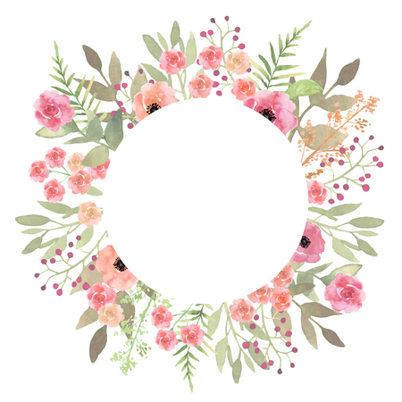 Flowers frame circle roses. Card on white backdrop. Hand drawn fのイラスト素材
