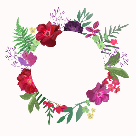 Flowers frame circle roses. Card on white backdrop. Hand drawn fのイラスト素材