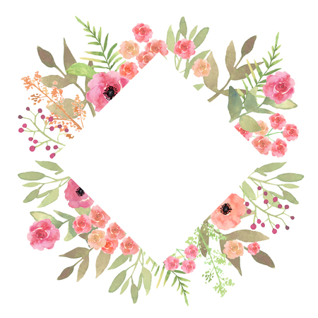 Flowers frame rhombus roses. Card on white backdrop. Hand drawnのイラスト素材
