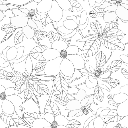 Seamless pattern with magnolia flowers and leaves. Floral vector illustration. Beautiful plants for cards, prints, textileのイラスト素材