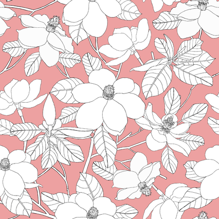 Seamless pattern with magnolia flowers and leaves on pink background. Floral vector illustration. Beautiful plants for cards, prints, textileのイラスト素材