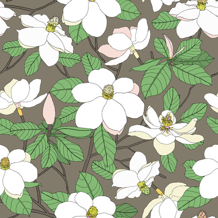 Seamless pattern with magnolia flowers and leaves on background. Floral vector illustration. Beautiful plants for cards, prints, textileのイラスト素材