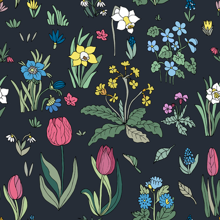 Flowers seamless pattern collection set on black background. Design for greeting cards. Cute floral cartoon set. Vector illustration.のイラスト素材