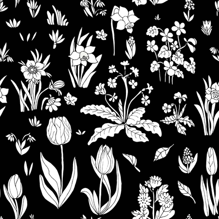 Flowers seamless pattern collection set on black background. Design for greeting cards. Cute floral cartoon set. Vector illustration.のイラスト素材