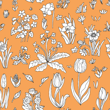 Flowers seamless pattern collection set on orange background. Design for greeting cards. Cute floral cartoon set. Vector illustration.のイラスト素材