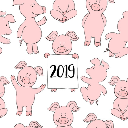 Seamless pig collection set. banner happy new year greeting cardのイラスト素材