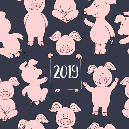 Seamless pig collection set. banner happy new year greeting cardのイラスト素材