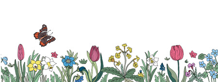 Floral seamless border. Background with isolated colorful hand drawn flowers and leaves. Design for invitation, prints and cards. Vector illustration.のイラスト素材