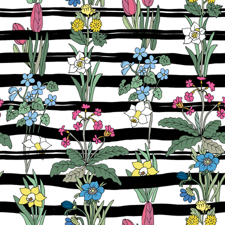 Flowers seamless pattern collection set. Design for greeting cards. Cute floral cartoon set with strips. Vector illustration.のイラスト素材