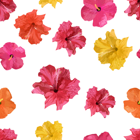 Hibiscus flower red and yellow. Tropical flowers seamless pattern colorful isolated hand drawn plants. Vector illustrationのイラスト素材
