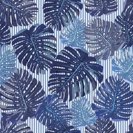 Blue tropical leaves seamless pattern on strips background. Colorful isolated hand drawn plants. Vector illustrationのイラスト素材