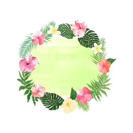 Flowers wreath. Floral tropical collection with beautiful flowers and leaves, hand drawn vector on watercolor background. Design for invitation, wedding or greeting cards.のイラスト素材