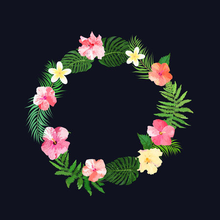 Flowers wreath. Floral tropical collection with beautiful flowers and leaves, hand drawn vector on black background. Design for invitation, wedding or greeting cards.のイラスト素材