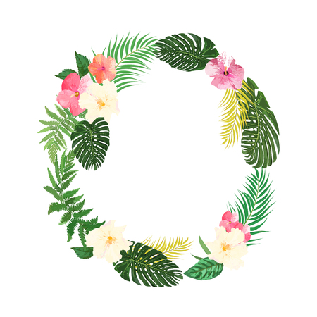 Flowers wreath. Floral tropical collection with beautiful flowers and leaves, hand drawn vector. Design for invitation, wedding or greeting cards.のイラスト素材