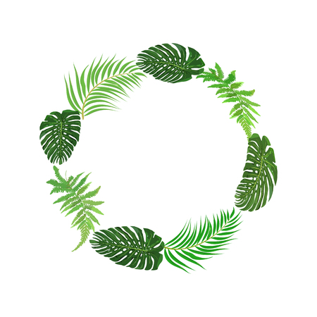 Flowers wreath. Floral tropical collection with beautiful leaves, hand drawn vector. Design for invitation, wedding or greeting cards.のイラスト素材