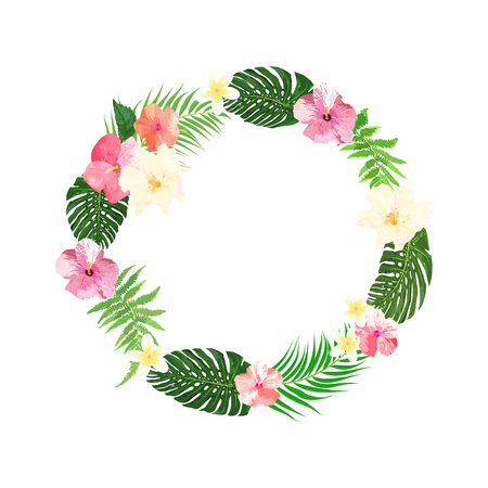 Flowers wreath. Floral tropical collection with beautiful flowers and leaves, hand drawn vector. Design for invitation, wedding or greeting cards.のイラスト素材