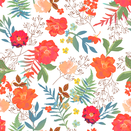 Flowers seamless pattern hand drawn for print design. Vector modern pattern with colorful roses, ferns.のイラスト素材