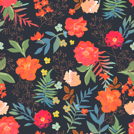 Flowers seamless pattern hand drawn for print design. Vector modern pattern with colorful roses, ferns on black background.のイラスト素材