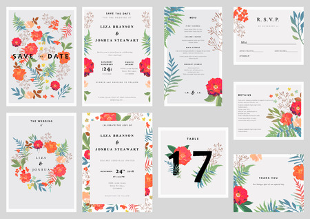 Wedding set with floral background. Colorful invitation, cards, menu for designs. Vector illustration.のイラスト素材