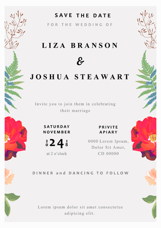 Wedding floral background. Colorful invitation, cards, menu for designs. Vector illustration.のイラスト素材