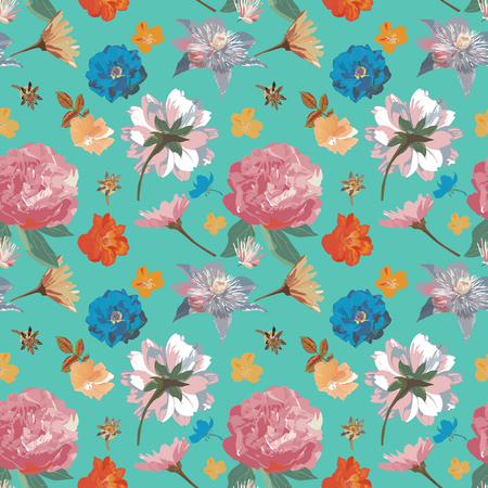 Flowers seamless pattern hand drawn for print design. Vector modern pattern with colorful roses, peonies, clematis on greenのイラスト素材