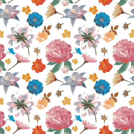 Flowers seamless pattern hand drawn for print design. Vector modern pattern with colorful roses, peonies, clematisのイラスト素材