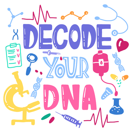 Decode your dna lettering for posters, card. Vector scientific medical template. Colorful hand drawing text with iconsのイラスト素材