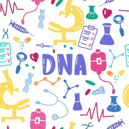 Dna lettering seamless pattern. Vector scientific medical background. Colorful hand drawing text with iconsのイラスト素材