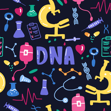 Dna lettering seamless pattern. Vector scientific medical background. Colorful hand drawing text with icons on black blueのイラスト素材