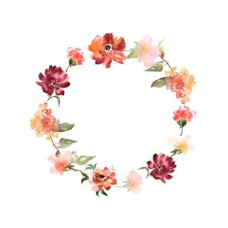 Watercolor wreath with flowers and leaves in circle. Colorful flの写真素材