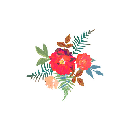 Floral set. Collection with red orange beautiful flowers. Hand dの写真素材