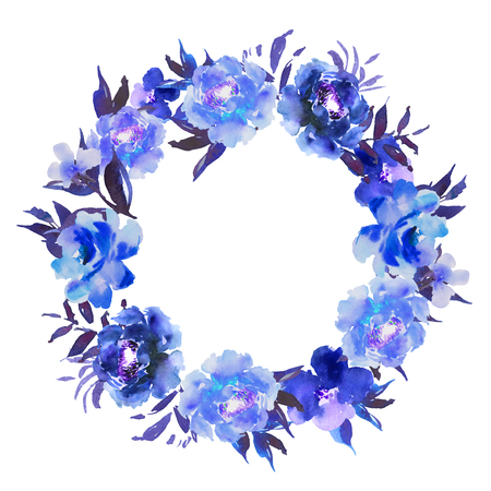 wreath with flowers and leaves in circle. Blue floralの写真素材