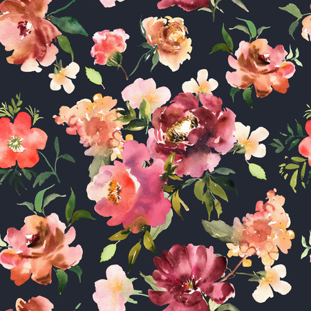 Watercolor floral seamless pattern with colorful hand drawn flowers and leaves on black background. Vector rosesのイラスト素材