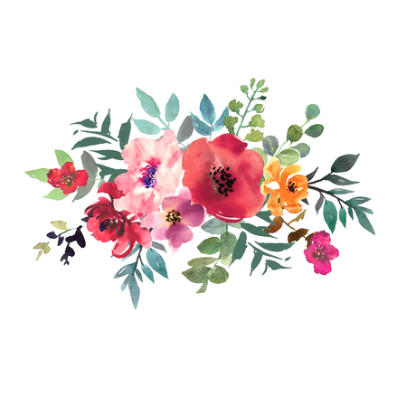Hand drawn watercolor bouquet on white background. Beautiful gentle flowers in the composition. Roses. Design for card, invitation.の写真素材