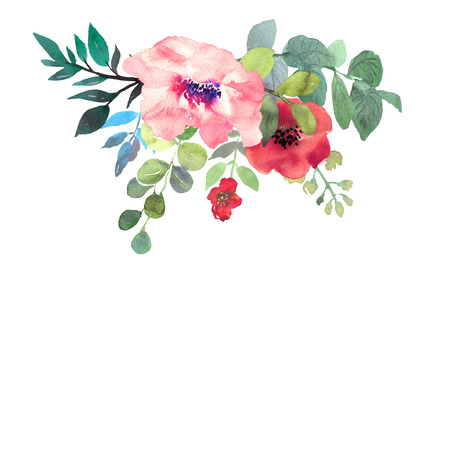 Hand drawn watercolor bouquet on white background. Beautiful gentle flowers in the composition. Roses. Design for card, invitationの写真素材