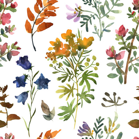 Seamless pattern with watercolor flowers hand drawn colorful beautiful floral set with yellow pink red blue blossom plantの写真素材
