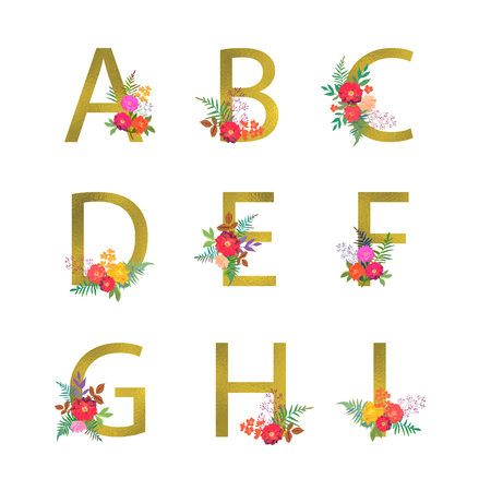 Poster with golden letters A, B, C, D, E, F, G, H, I. Floral botanical flowers. Decorative alphabet vector font with bouquet on white background. Textile and card design.のイラスト素材