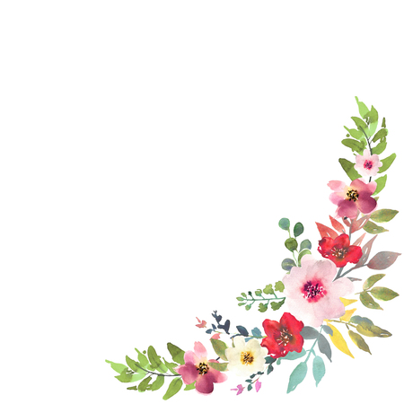 Hand drawn watercolor bouquet on white background. Beautiful gentle flowers in the composition. Roses. Design for card, invitation.の写真素材