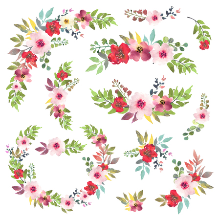 Hand drawn watercolor set with bouquets on white background. Wreath with beautiful gentle flowers in the composition. Roses. Design for card, invitation.の写真素材