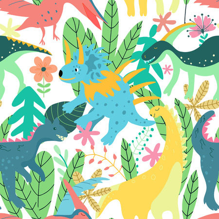 Colorful dinosaurs forest seamless pattern jungle in retro style. Colorful floral wallpaper vector. Wild nature. Summer print. Botanical baby funny illustration.のイラスト素材