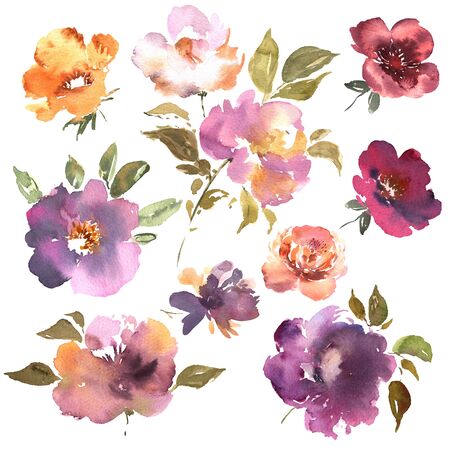 Watercolor flowers hand drawn colorful beautiful floral set with pink red purple blossom plant for cards prints and invitation.の写真素材