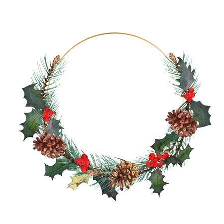 Watercolor wreath with green trees, fir cones. Isolated hand drawn bouquet on gold circle. Design for Happy New Year and Christmas print, wallpaper.の写真素材