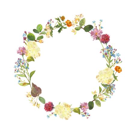 Hand drawn watercolor wreath. Beautiful gentle flowers in the composition. Hydrangea, cornflowers, brunnera. Design for prints, invitations, textile. Botanical illustrationの写真素材