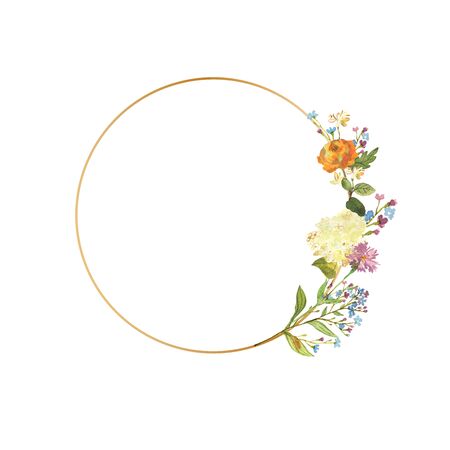 Hand drawn watercolor wreath. Beautiful gentle flowers in the composition. Hydrangea, cornflowers, brunnera. Design for prints, invitations, textile. Botanical illustrationの写真素材